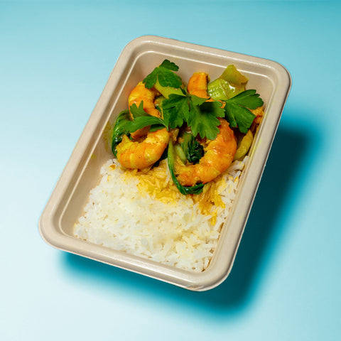 Caril de camarão e pak choi com arroz basmati