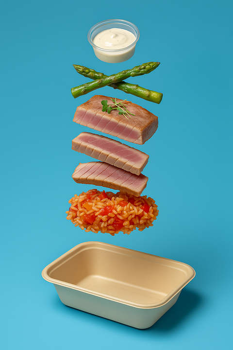 Marmita Joana Resende: bife de atum, arroz de tomate e espargos, maionese de lima