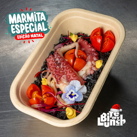 Especial Natal: Arroz com tinta de choco e pimento, polvo, tomate cherry e mostarda de dijon